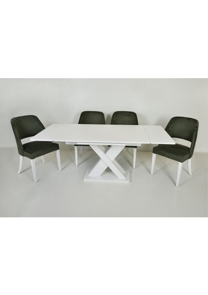 Ihlara Açılır Dikdörtgen Beyaz Mdf Mutfak Masası / Didim Beyaz- Yeşil Ahşap Sandalye Masa Takımı 4-6 Kişilik fiyatları