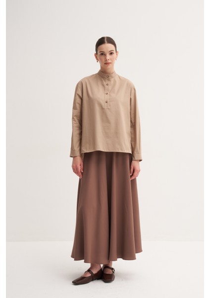 Açık Kahve %100 Pamuk Hakim Yaka Oversize Bluz