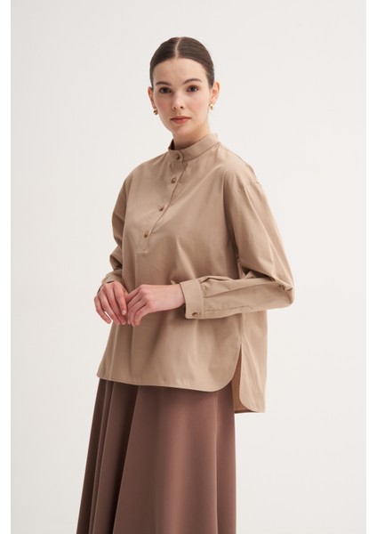 Açık Kahve %100 Pamuk Hakim Yaka Oversize Bluz fiyatları