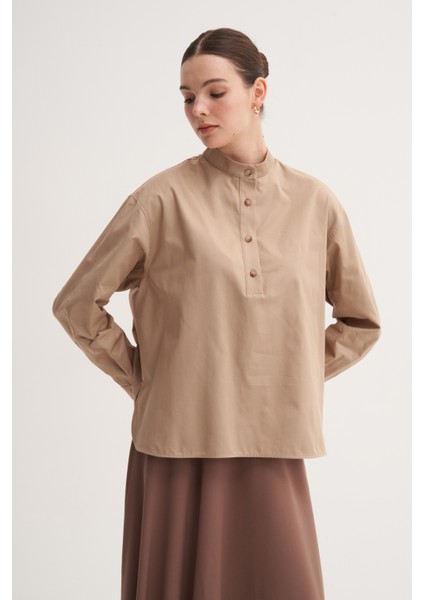 Açık Kahve %100 Pamuk Hakim Yaka Oversize Bluz modelleri