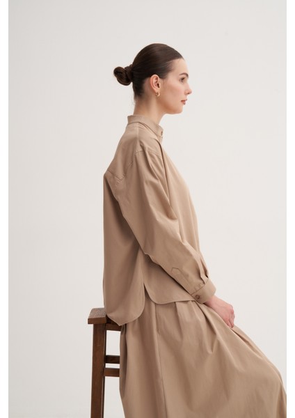 Açık Kahve %100 Pamuk Hakim Yaka Oversize Bluz fırsatları