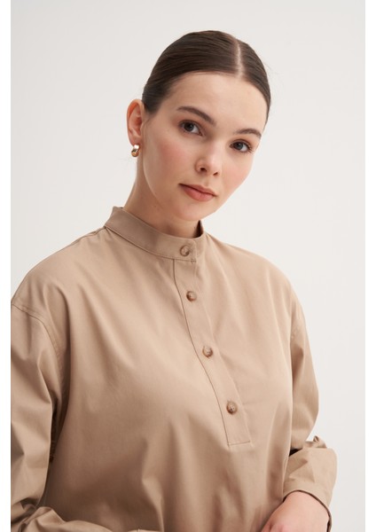 Açık Kahve %100 Pamuk Hakim Yaka Oversize Bluz