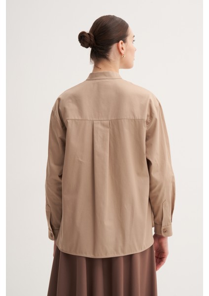 Açık Kahve %100 Pamuk Hakim Yaka Oversize Bluz