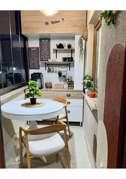 Ezine Beyaz Açılır Yuvarlak Mutfak Masası / Yılan Naturel Krem Ahşap Mutfak Sandalye Masa Takımı