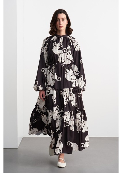 Floral Desenli Uzun Elbise Siyah