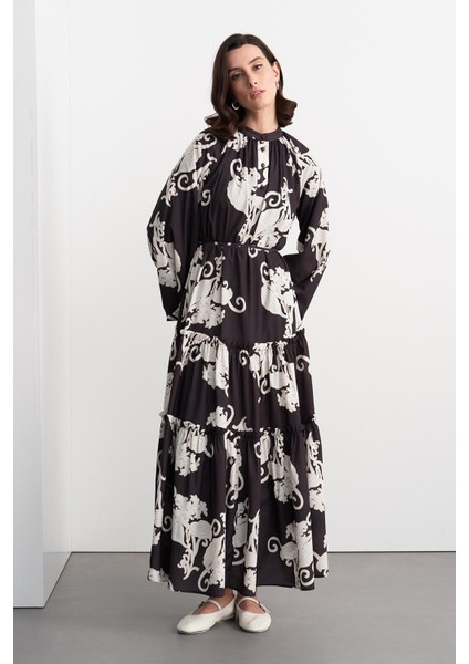 Floral Desenli Uzun Elbise Siyah fiyatları