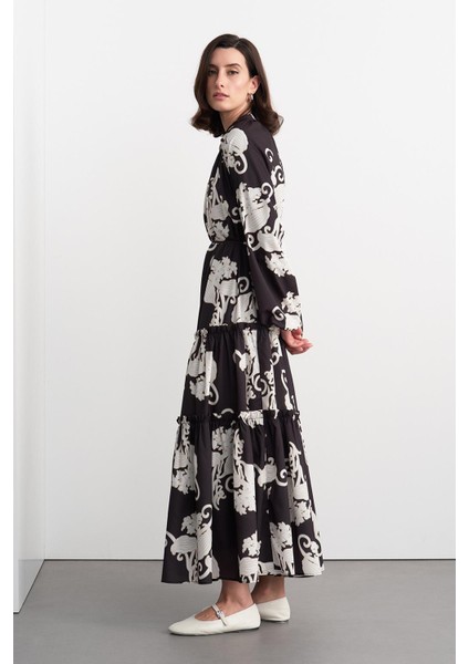 Floral Desenli Uzun Elbise Siyah modelleri
