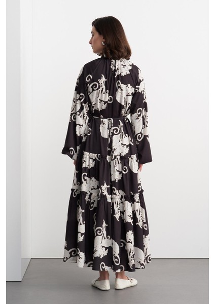 Floral Desenli Uzun Elbise Siyah fırsatları