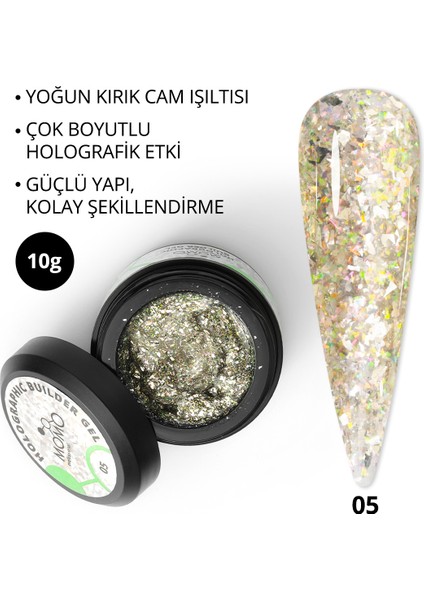 Holographic Builder Gel, Nail Art Için Protez Tırnak Jeli No.05, Glitter Yeşil Simli, 10 gr