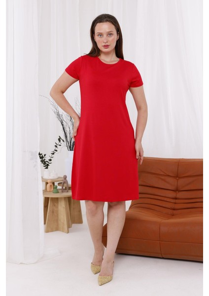 Kadın Kırmızı Büyük Beden Esnek Midi Elbise