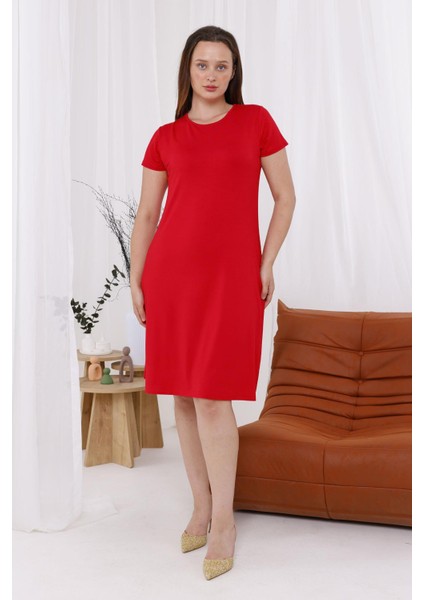 Kadın Kırmızı Büyük Beden Esnek Midi Elbise fiyatları