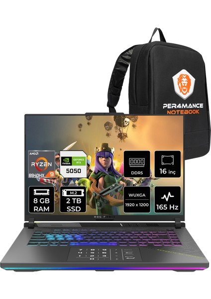 Rog Strix G16 Amd Ryzen 9 8940HX 8gb 2tb SSD RTX5050/8GB 16" Fhd+ 165Hz Fdos Taşınabilir Bilgisayar & Per4 Çanta G614PHRV056P304