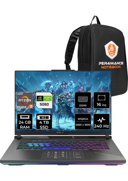 Rog Strix G16 Amd Ryzen 9 8940HX 24GB 4tb SSD RTX5060/8GB 16" Qhd+ 240Hz Fdos Taşınabilir Bilgisayar & Per4 Çanta G614PMS5028P315