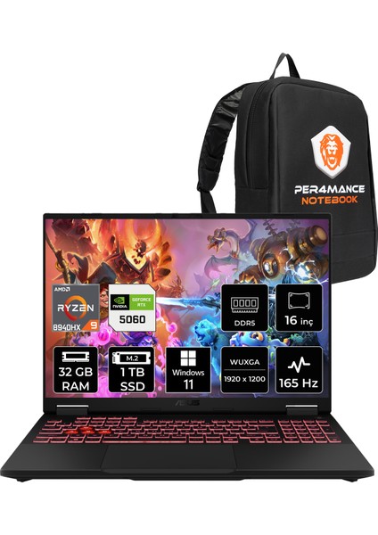 Tuf Gaming A16 Amd Ryzen 9 8940HX 32GB 1tb SSD RTX5060/8GB 115W 16" Fhd+ 165Hz W11P Taşınabilir Bilgisayar & Per4 Çanta FA608PMRV026P398