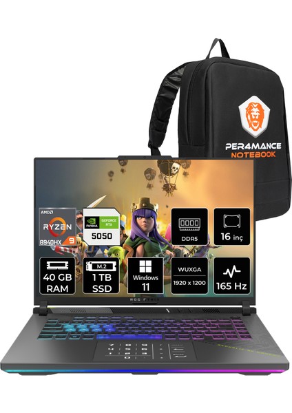Rog Strix G16 Amd Ryzen 9 8940HX 40GB 1tb SSD RTX5050/8GB 16" Fhd+ 165Hz Windows 11 Home Taşınabilir Bilgisayar & Per4 Çanta G614PHRV056P363