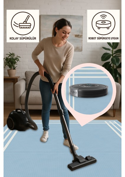 Lofy Halı Açık Mavi Beyaz Kenarlı Modern Halı Yıkanabilir 160X230