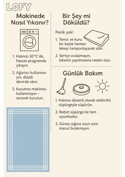 Lofy Halı Açık Mavi Beyaz Kenarlı Modern Halı Yıkanabilir 160X230