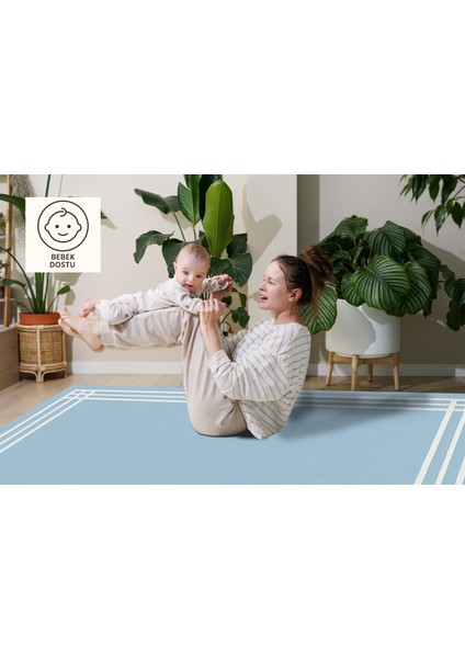 Lofy Halı Açık Mavi Beyaz Kenarlı Modern Halı Yıkanabilir 160X230