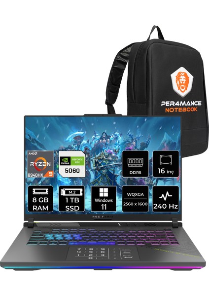Rog Strix G16 Amd Ryzen 9 8940HX 8gb 1tb SSD RTX5060/8GB 16" Qhd+ 240Hz W11P Taşınabilir Bilgisayar & Per4 Çanta G614PMS5028P383
