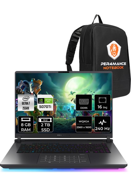 Rog Strix G16 Intel Core Ultra 7 255HX 8gb 2tb SSD RTX5070TI/12GB 140W 16" Qhd+ 240Hz Fdos Taşınabilir Bilgisayar & Per4 Çanta G615LRS5211P304