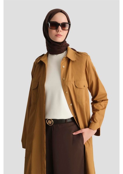 Kontrast Dikişli Pamuk Tunik Elbise 25Y4705 Sahra