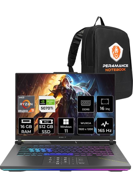Rog Strix G16 Amd Ryzen 9 8940HX 16GB 512GB SSD RTX5070TI/12GB 140W 16" Fhd+ 165Hz W11P Taşınabilir Bilgisayar & Per4 Çanta G614PRRV050P387