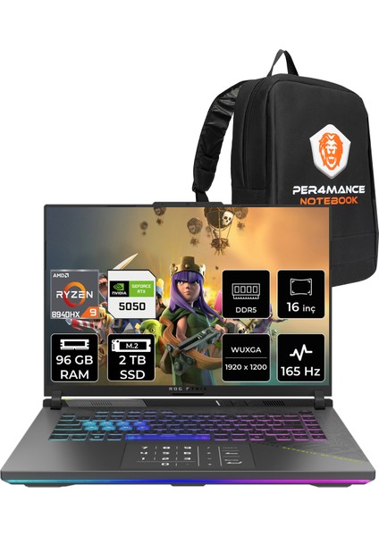 Rog Strix G16 Amd Ryzen 9 8940HX 96GB 2tb SSD RTX5050/8GB 16" Fhd+ 165Hz Fdos Taşınabilir Bilgisayar & Per4 Çanta G614PHRV056P339