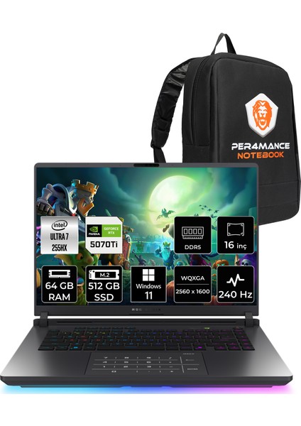 Rog Strix G16 Intel Core Ultra 7 255HX 64GB 512GB SSD RTX5070TI/12GB 140W 16" Qhd+ 240Hz W11P Taşınabilir Bilgisayar & Per4 Çanta G615LRS5211P412