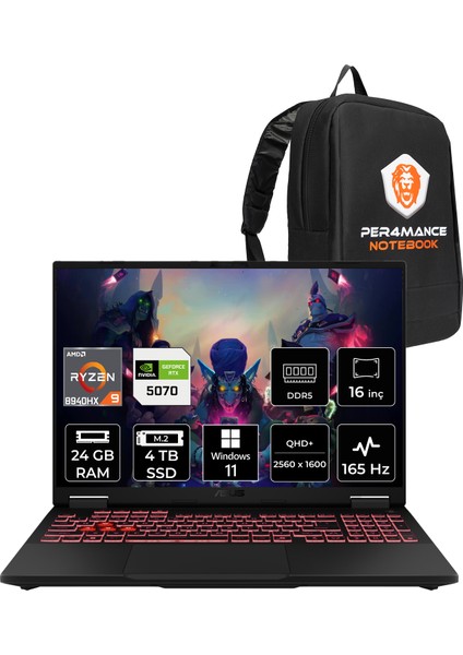 Tuf Gaming A16 Amd Ryzen 9 8940HX 24GB 4tb SSD RTX5070/8GB 16" Qhd+ 165Hz W11P Taşınabilir Bilgisayar & Per4 Çanta FA608PPQT031P395