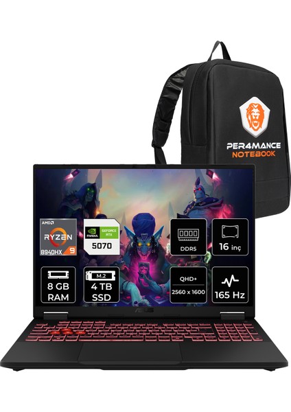 Tuf Gaming A16 Amd Ryzen 9 8940HX 8gb 4tb SSD RTX5070/8GB 16" Qhd+ 165Hz Fdos Taşınabilir Bilgisayar & Per4 Çanta FA608PPQT031P305