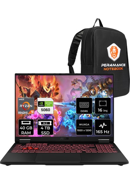 Tuf Gaming A16 Amd Ryzen 9 8940HX 40GB 4tb SSD RTX5060/8GB 115W 16" Fhd+ 165Hz Fdos Taşınabilir Bilgisayar & Per4 Çanta FA608PMRV026P325