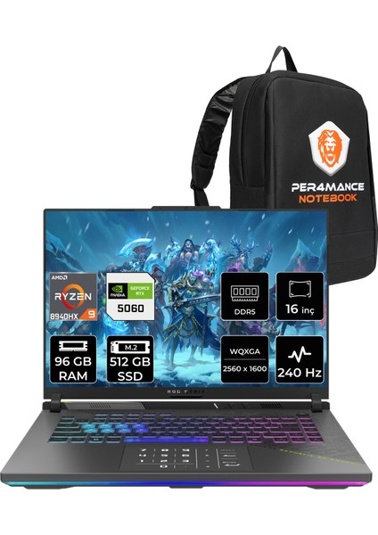 Rog Strix G16 Amd Ryzen 9 8940HX 96GB 512GB SSD RTX5060/8GB 16" Qhd+ 240Hz Fdos Taşınabilir Bilgisayar & Per4 Çanta G614PMS5028P337