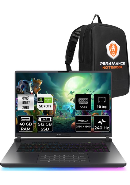 Rog Strix G16 Intel Core Ultra 7 255HX 40GB 512GB SSD RTX5070TI/12GB 140W 16" Qhd+ 240Hz Fdos Taşınabilir Bilgisayar & Per4 Çanta G615LRS5211P322