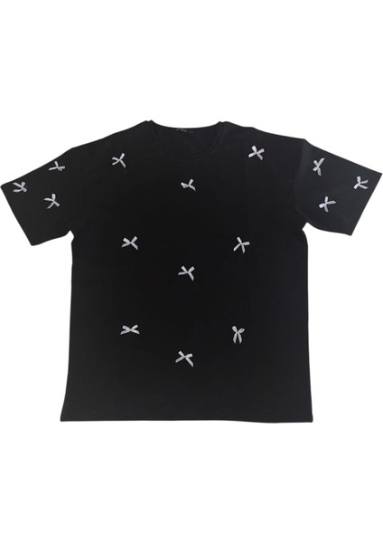 Fiyonk Detaylı Bisiklet Yaka Desenli Kısa Kollu T-Shirt fırsatları