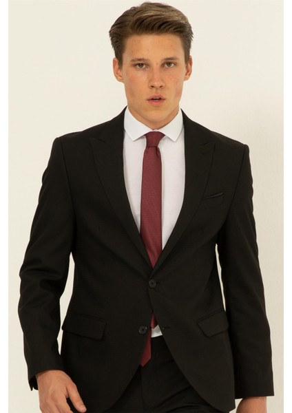 Siyah Slim Fit Armürlü Sivri Yaka 6 Drop Takım Elbise