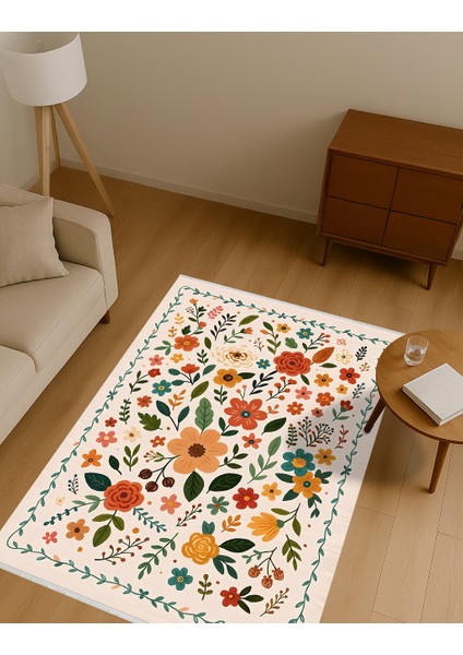 Renkli Çiçek Desenli Halı – Kaymaz & Makinede Yıkanabilir | Bebek ve Evcil Dostu | 120 x 180 cm