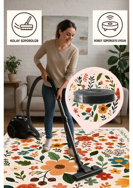 Renkli Çiçek Desenli Halı – Kaymaz & Makinede Yıkanabilir | Bebek ve Evcil Dostu | 120 x 180 cm
