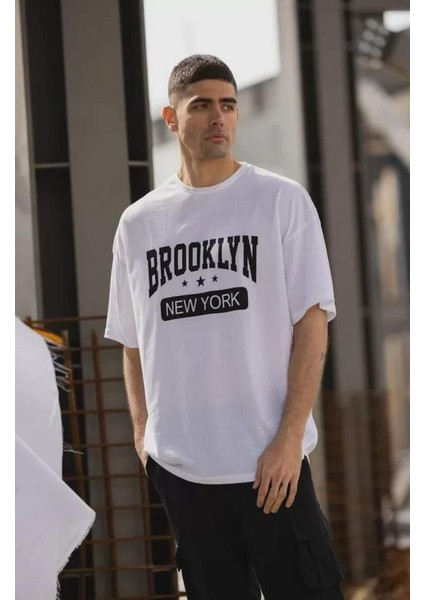 Unisex Bisiklet Yaka Baskılı Oversize T-Shirt