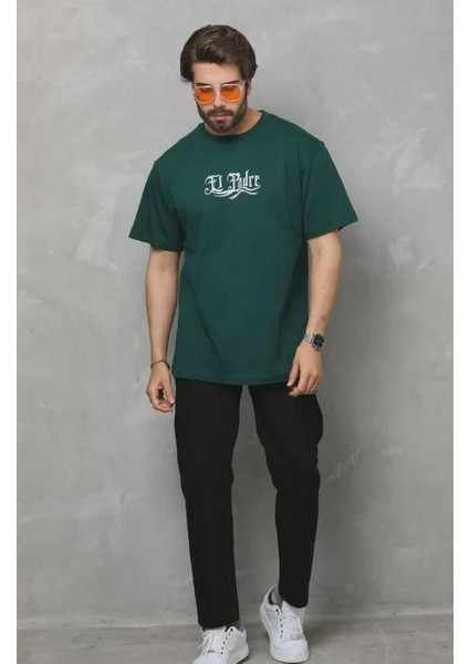 Unisex Bisiklet Yaka Baskılı Oversize T-Shirt