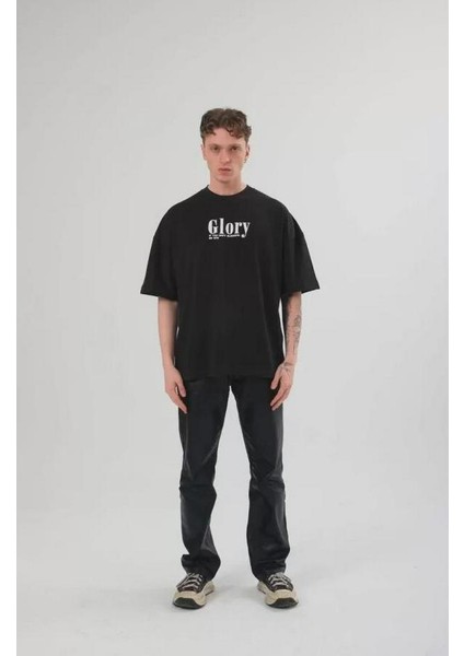 Unisex Bisiklet Yaka Baskılı Oversize T-Shirt