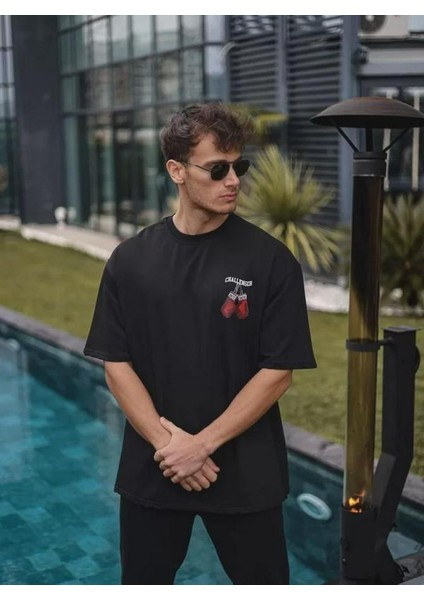 Unisex Bisiklet Yaka Baskılı Oversize T-Shirt