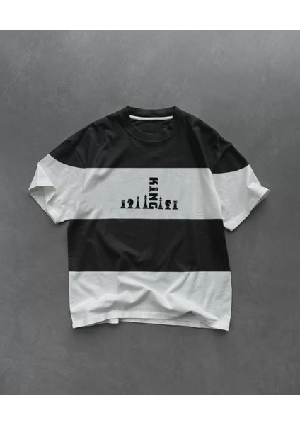 Unisex Bisiklet Yaka Baskılı Parçalı Oversize T-Shirt