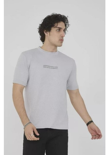 Unisex Bisiklet Yaka Slim Fit T-Shirt- Boyalı Gri