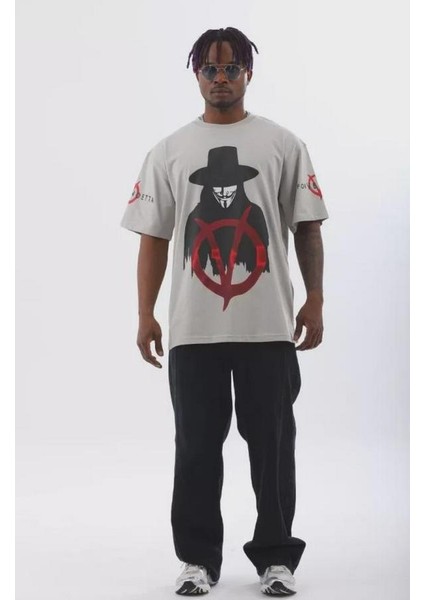 Unisex Oversize Baskılı Bisiklet Yaka T-Shirt