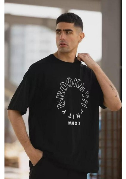 Unisex Bisiklet Yaka Baskılı Oversize T-Shirt