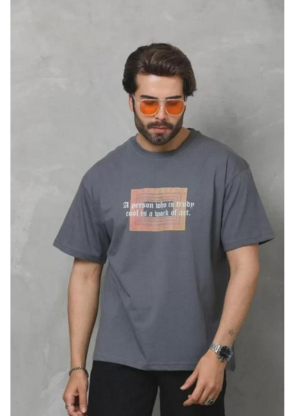 Unisex Bisiklet Yaka Baskılı Oversize T-Shirt