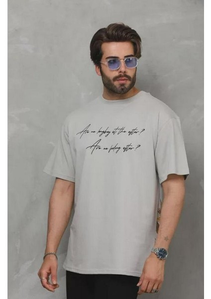 Unisex Bisiklet Yaka Baskılı Oversize T-Shirt