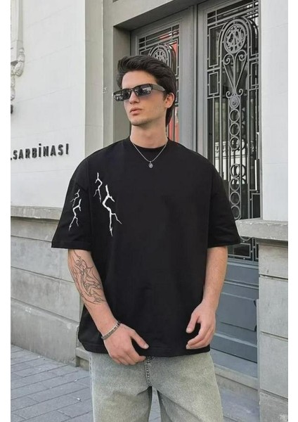 Unisex Bisiklet Yaka Baskılı Oversize T-Shirt