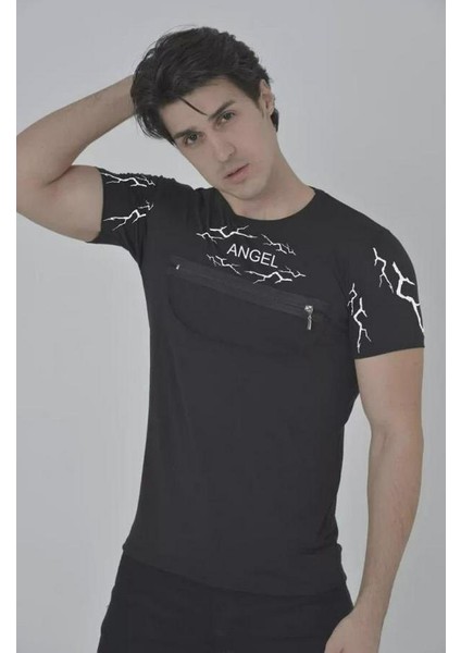 Unisex Göğüs Fermuarlı Baskılı T-Shirt