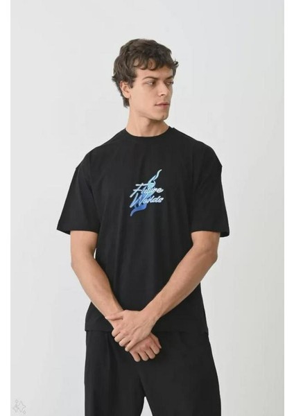 Unisex Bisiklet Yaka Baskılı Oversize T-Shirt